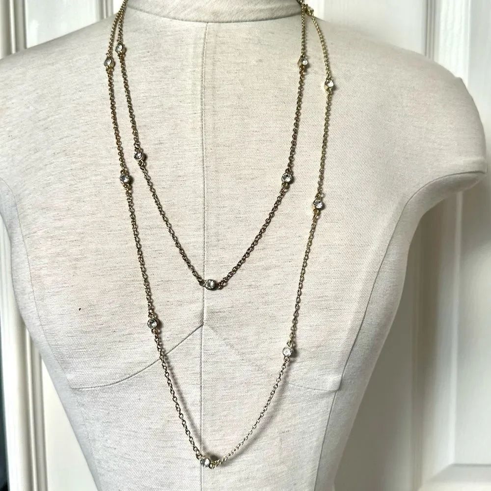 Gold tone and rhinestone double strand necklace
